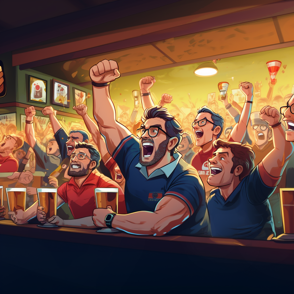 Supporters au bar supportant leur équipe de rugby préféré et célébrant un essaie